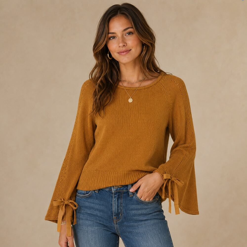 Sundance SZ M Aryka Wool-Cotton Blend Sweater Bell Sleeves With Ties Gold